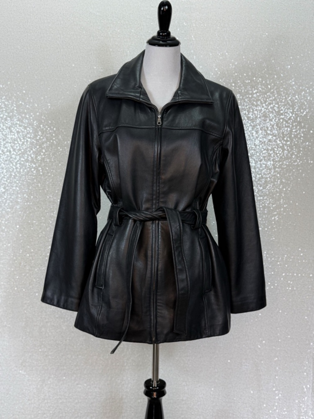 Jacqueline Ferrar Genuine Lambskin Leather Jacket Black Belted Zip Up Tailored - Picture 16 of 16